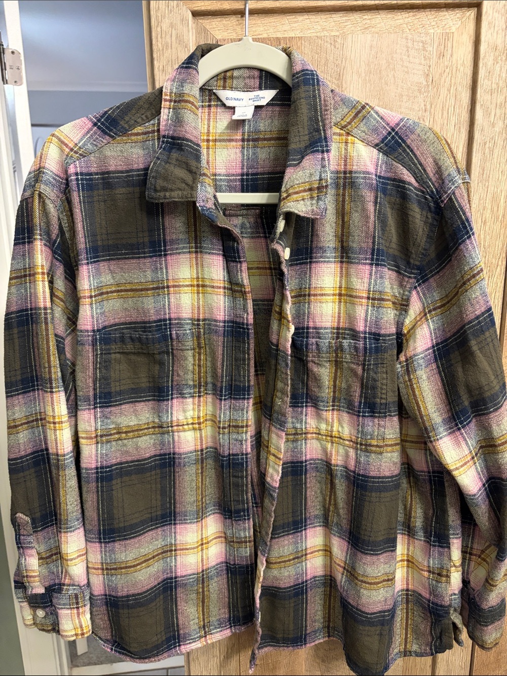 Old Navy large? boyfriend shirt Plaid pink green flannel boxy read measurements
